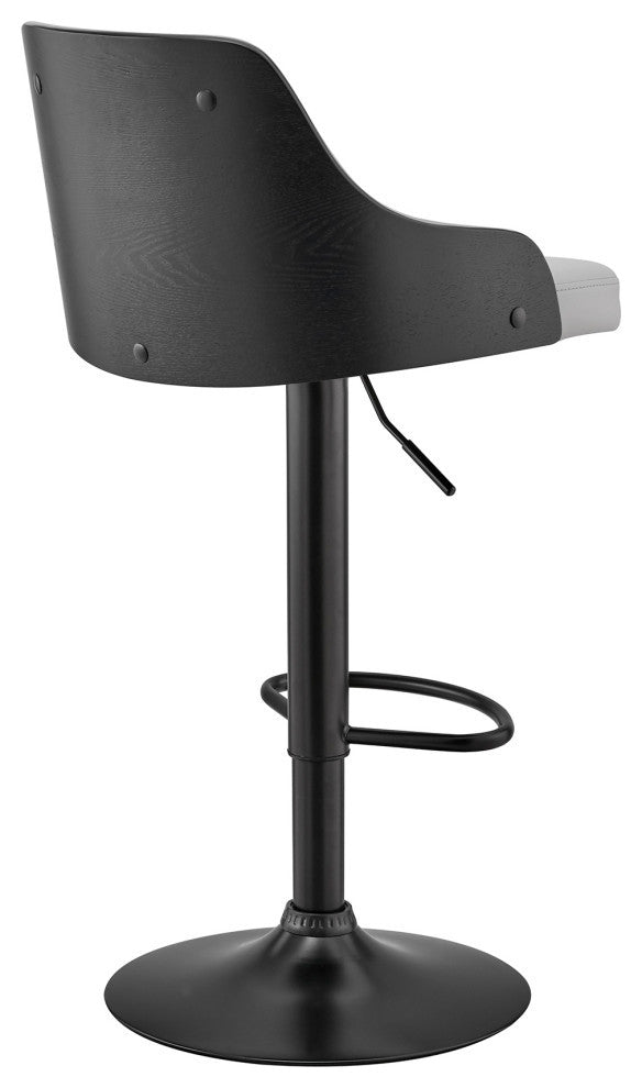 Asher Adjustable Faux Leather and Metal Bar Stool, Gray and Black