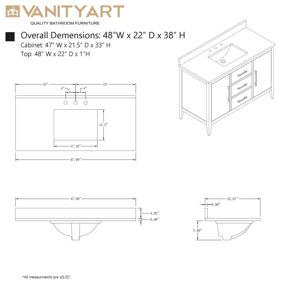 Vanity Art Bathroom Vanity With Sink, White, 48", Single Sink, Golden Brushed