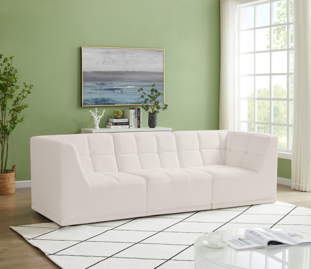 Relax Velvet Upholstered 3-Piece Modular Sofa, Cream
