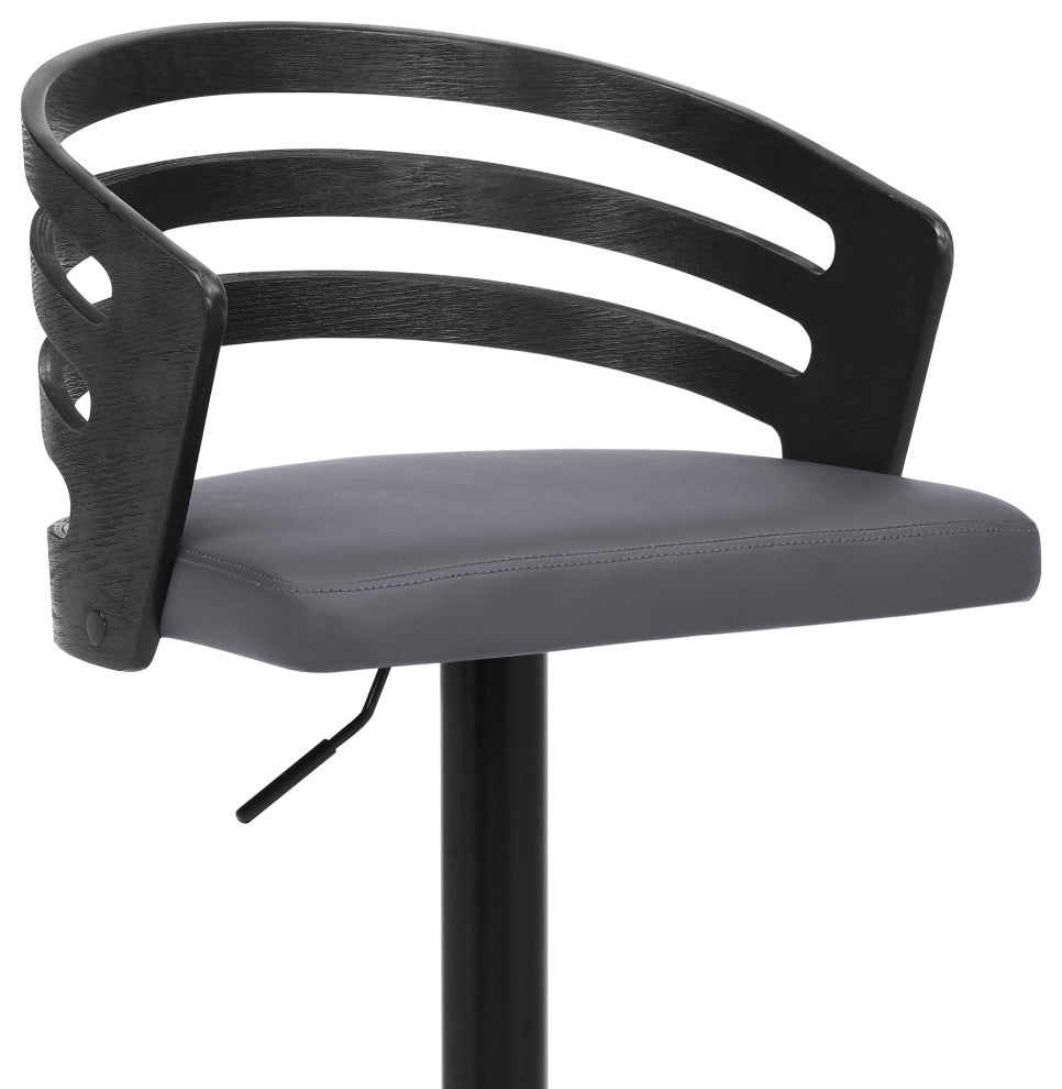 Adele Adjustable Height Swivel Gray Faux Leather and Black Wood Bar Stool