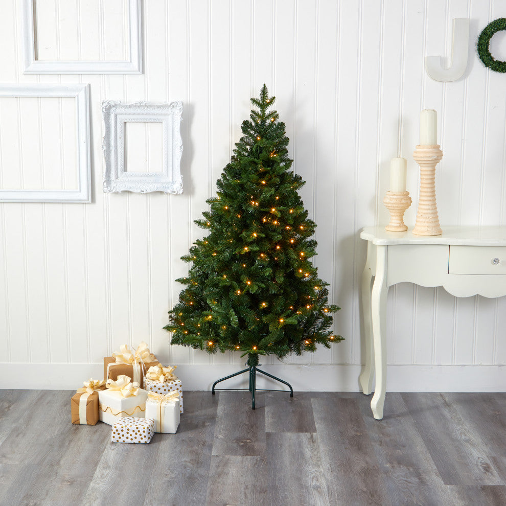 5' Grand Teton Spruce Flat Back Faux Xmas Tree W/ Lights & Bendable Branches