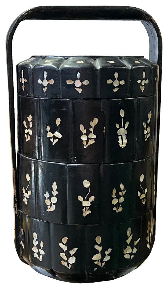 Chinese Vintage Distressed Black Lacquer MOP Inlay Basket, Hws2218