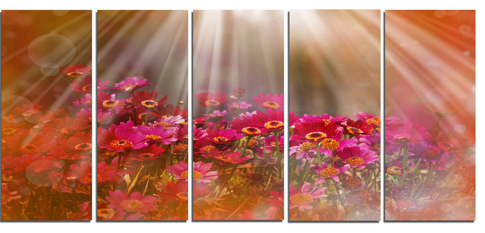 Sunlight Over Small Red Flowers, Large Floral Canvas Artwork, 60"x28", 5 Panels