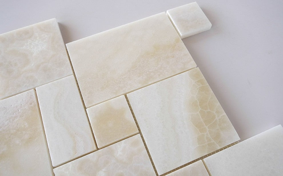 Premium White Onyx CROSS-CUT 4-Pieced OPUS Mini-Pattern Polished Mosaic Tile