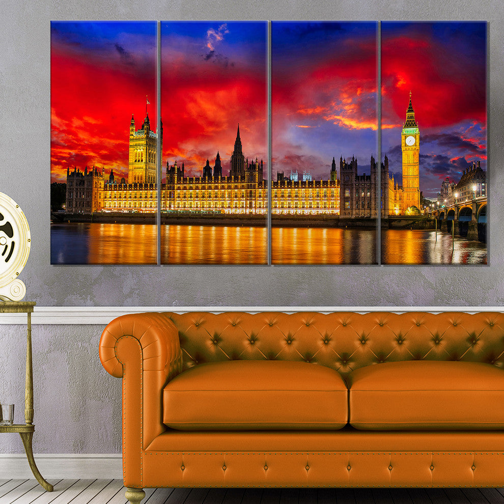 House of Parliament at River Thames, Cityscape Canvas Print, 48"x28", 4 Panels