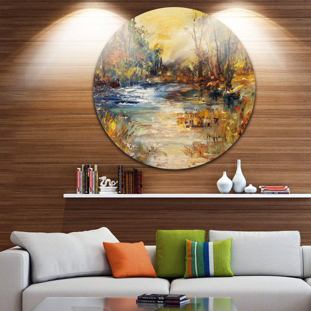 Stream In Forest Oil, Landscape Disc Metal Artwork, 36"