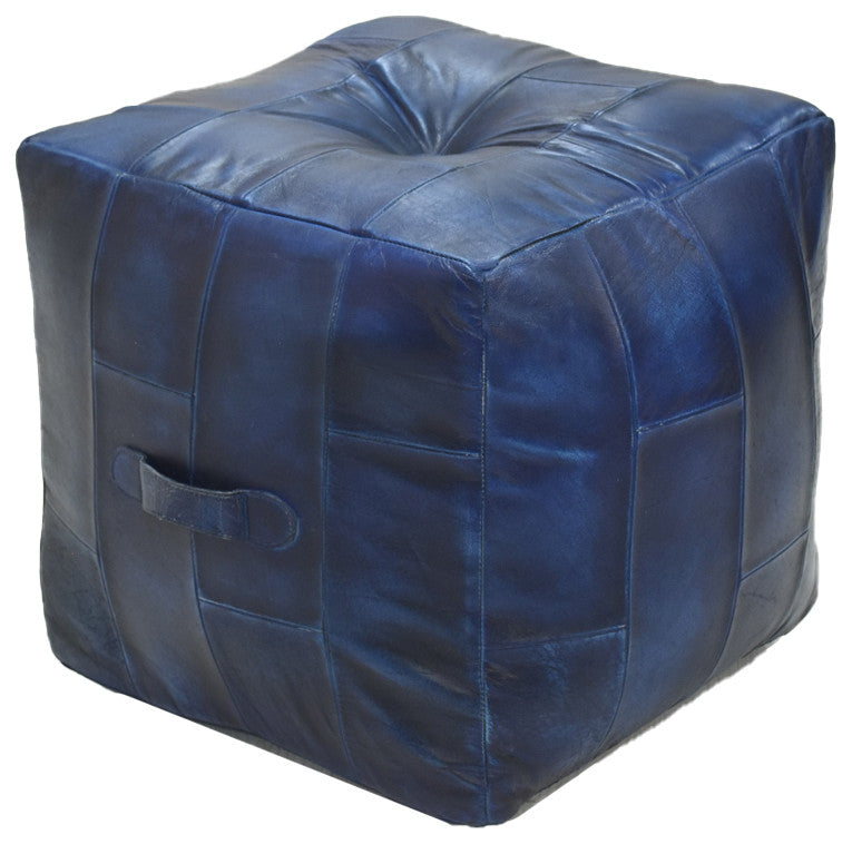 Geometric Handmade Leather Pouf (Recycled Foam with Fibre Fill) Black, [Square]16x16x16