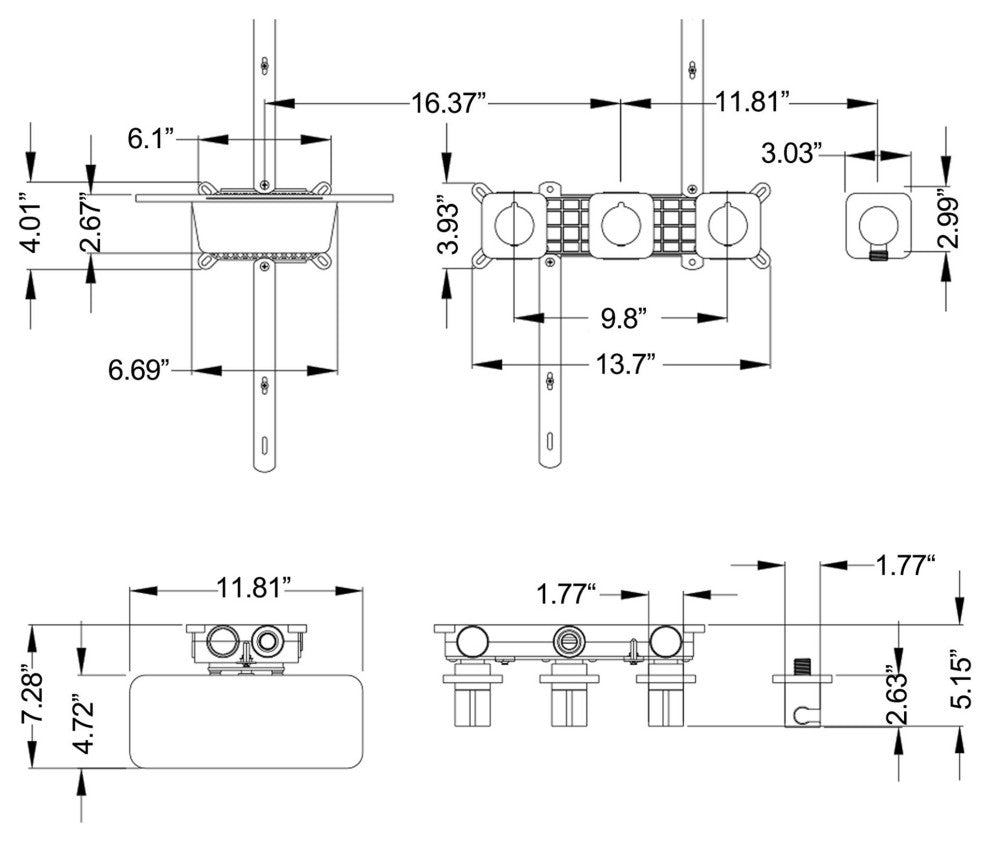Triple Handles Wall Mounted Tub Faucet with Multi Function Hand Shower