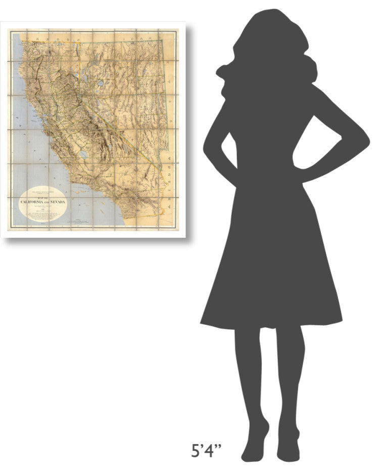 "Map of California and Nevada, 1874" Paper Art, 27"x32"