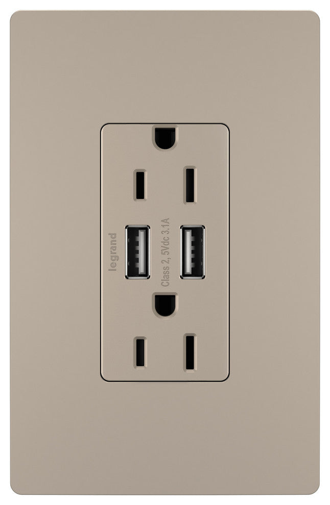 USB Chargers With Duplex 15A Tamper-Resistant Outlets, Nickel