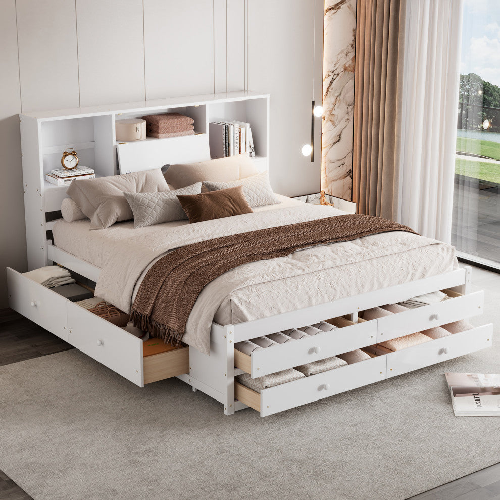 Gewnee win Size Wood Platform Bed with House-shaped Headboard in White