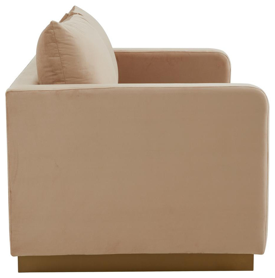 LeisureMod NS55BG Nervo Beige Mid-Century Velvet Loveseat Gold Frame