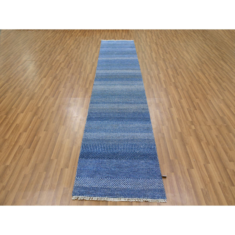 Penn Blue Modern Grass Dyed Wool and Silk Hand Knotted Runner Rug, 2'7"x11'11"