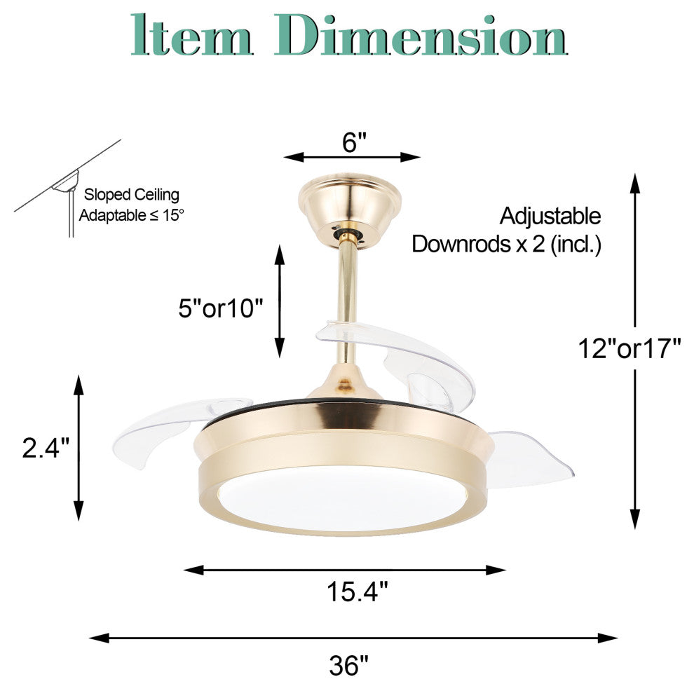 36" Modern Retractable Ceiling Fan With Light Kit, Remote Control, Gold