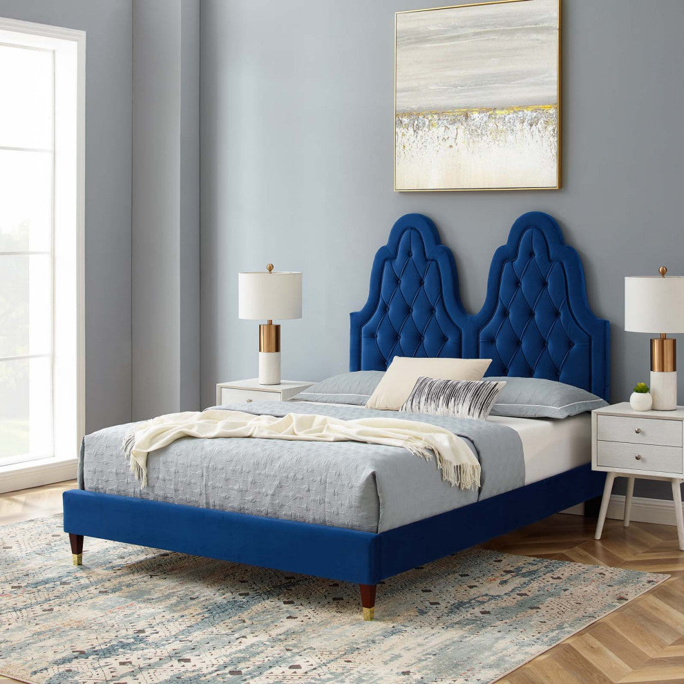 Tufted Platform Bed Frame, Twin Size, Velvet, Blue Navy, Modern Contemporary