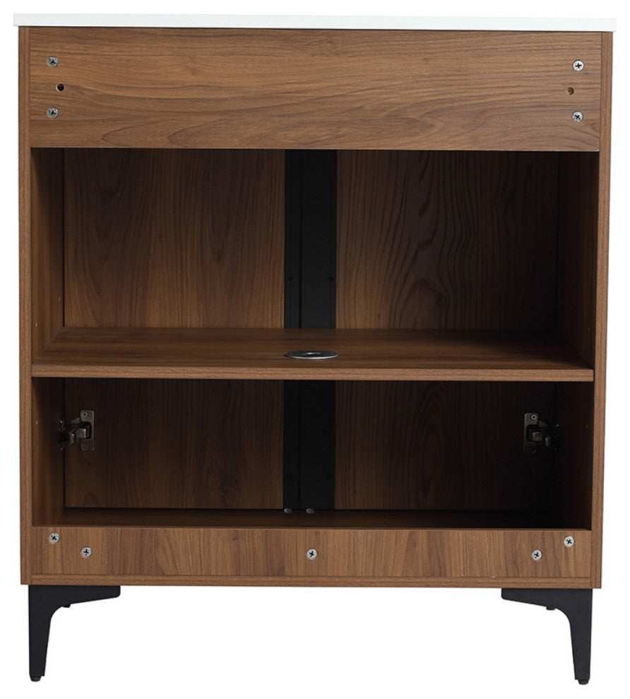 Single Vanity, Brown Walnut Finish With Solid Surface Resin White Sink, 30"