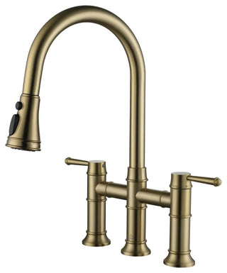 CASAINC Kitchen Faucet Centerset Bridge 3-Function 2-Handle Pull-Down Spray, Brushed Gold