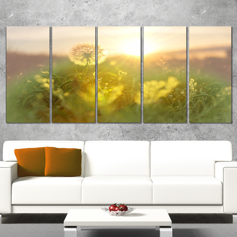 Dandelion Blooming Flower in Field, Floral Canvas Art Print, 60"x28", 5 Panels