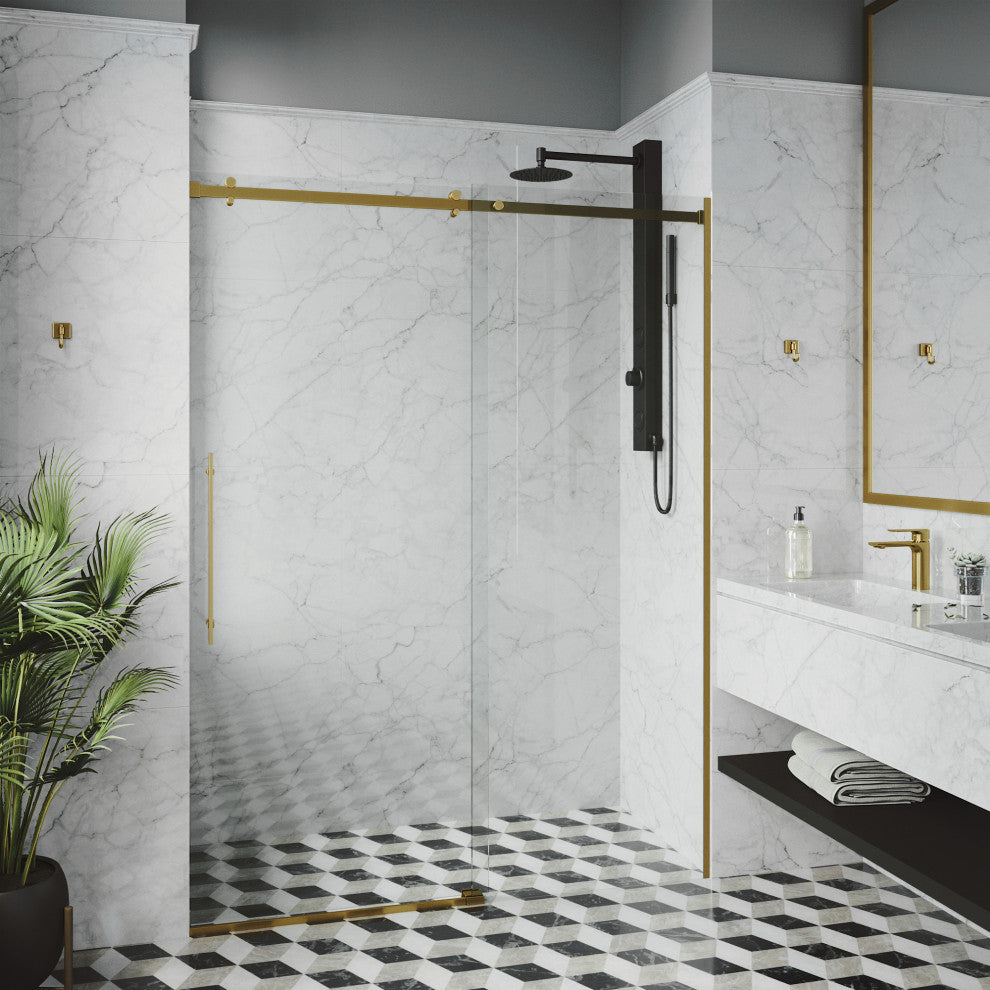 VIGO Luca 56" to 60" W x 79" H Frameless Sliding Shower Door, Matte Brushed Gold, Clear Glass