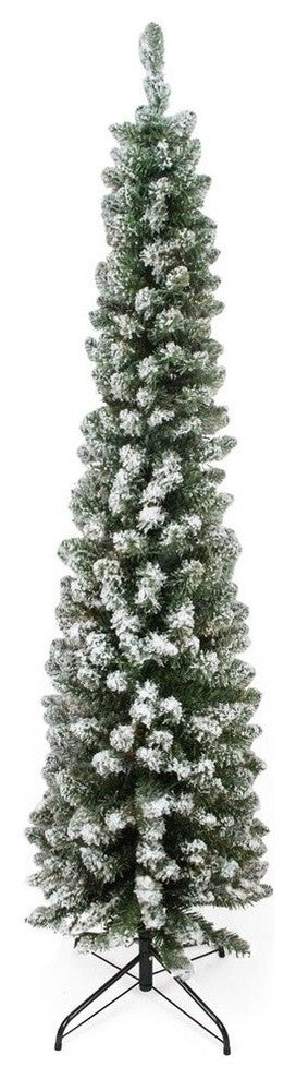 6'x20" Flocked Traditional Green Pine Pencil Artificial Christmas Tree, Unlit