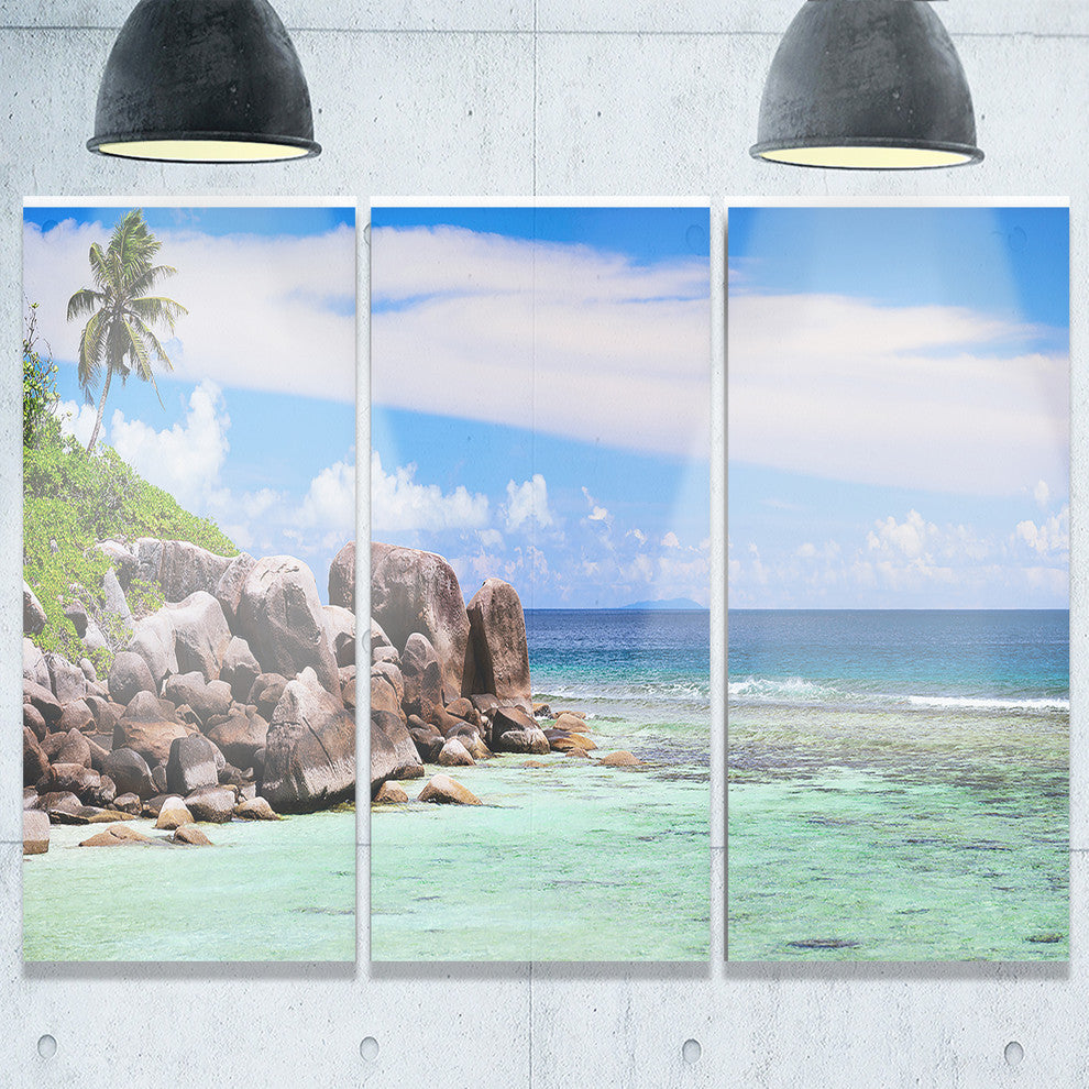 "Beautiful Seychelles Rocky Coast" Metal Wall Art, 3 Panels, 36"x28"