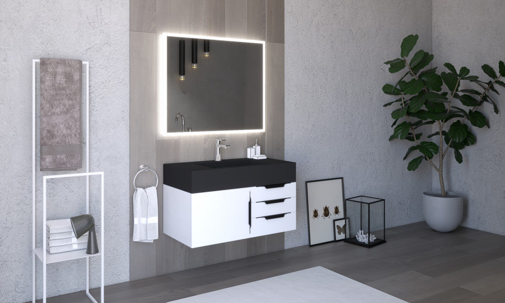 CastelloUSA Alpine 36" Wall Mounted Vanity, Base Only, White, Black Handles