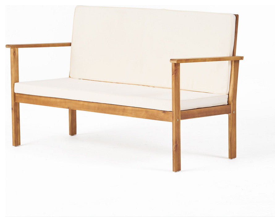 GDF Studio Lucas Outdoor Brown Patina Acacia Wood Bench With Cream Cushion