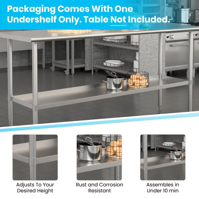 Galvanized Under Shelf for Prep and Work Tables, Stainless Steel, 30" X 72"