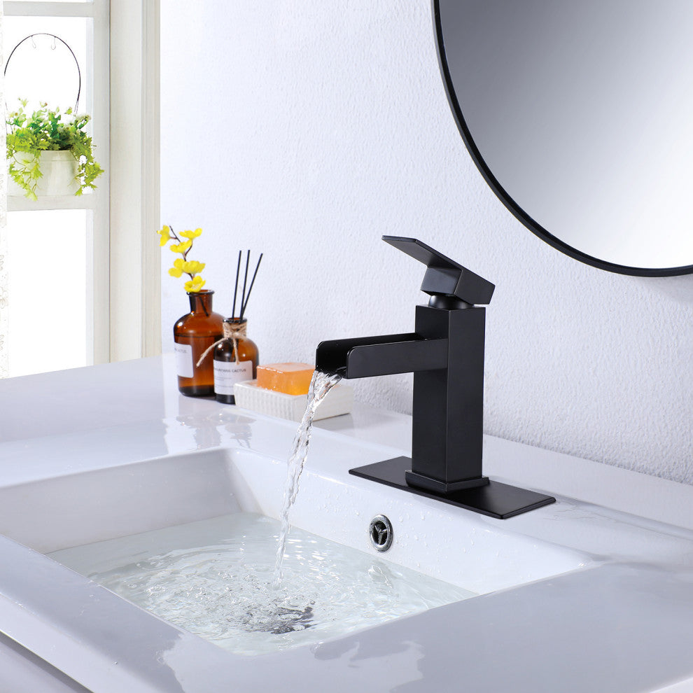 Waterfall Single Hole Bathroom Faucet with Deck Plate, Matte Black