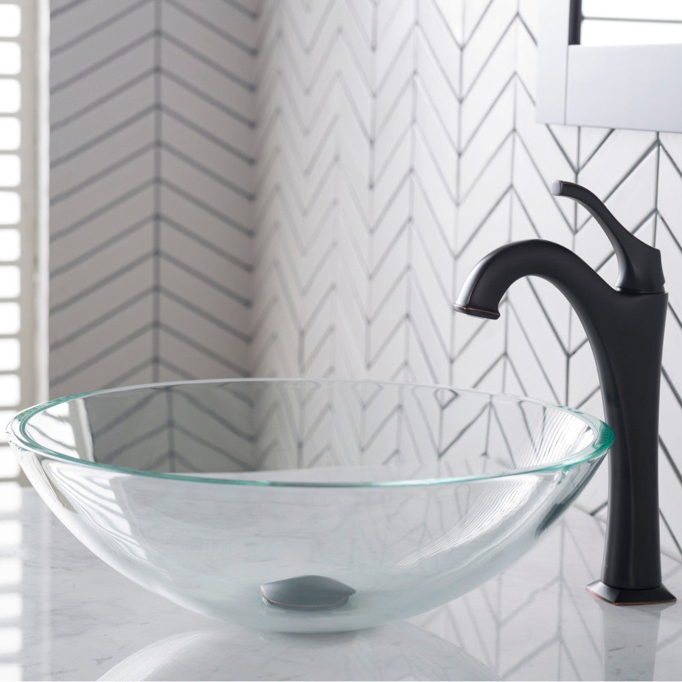 Glass Vessel Sink, Arlo Bathroom Faucet, PU Drain, Mount Ring, Matte Black