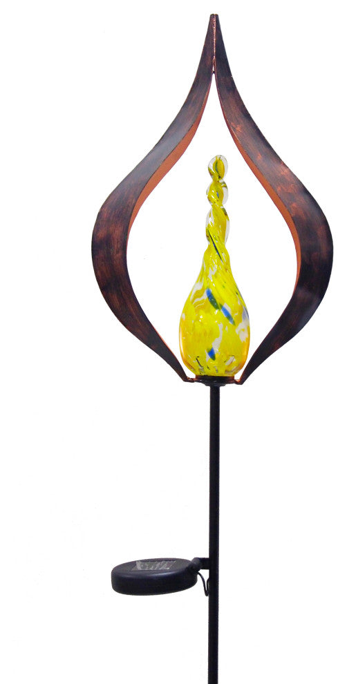 Solar Hand Blown Glass Yellow Flame Garden Stake Outdoor Yard Art