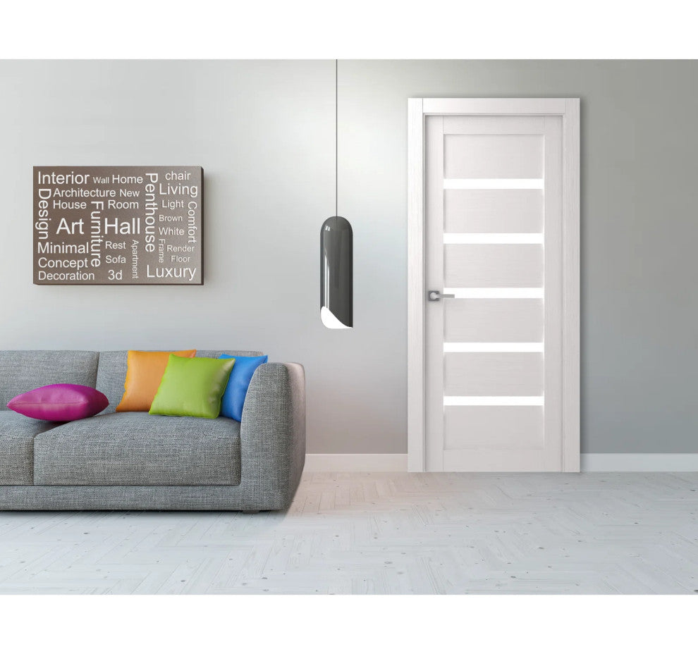Leora Bianco Noble with Concealed Hinges, Tempered Frosted Glass, Solid Core, 24" X 80", Left-Hand