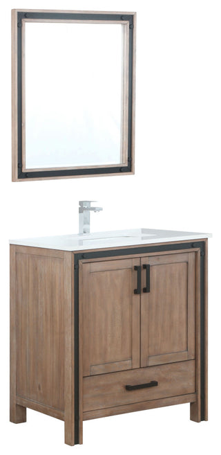 Ziva 30 Barnwood SG Vanity, Cultured Marble Top, Square Sink, 28 Mirror, Faucet