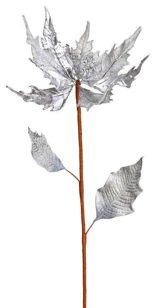 Glitter Poinsetta Artificial Christmas Spray , Silver, 32"