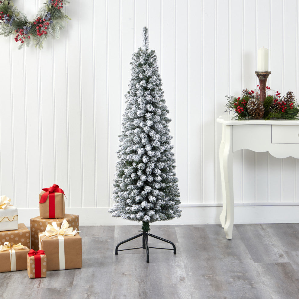 5' Flocked Pencil Artificial Christmas Tree With 318 Bendable Branches