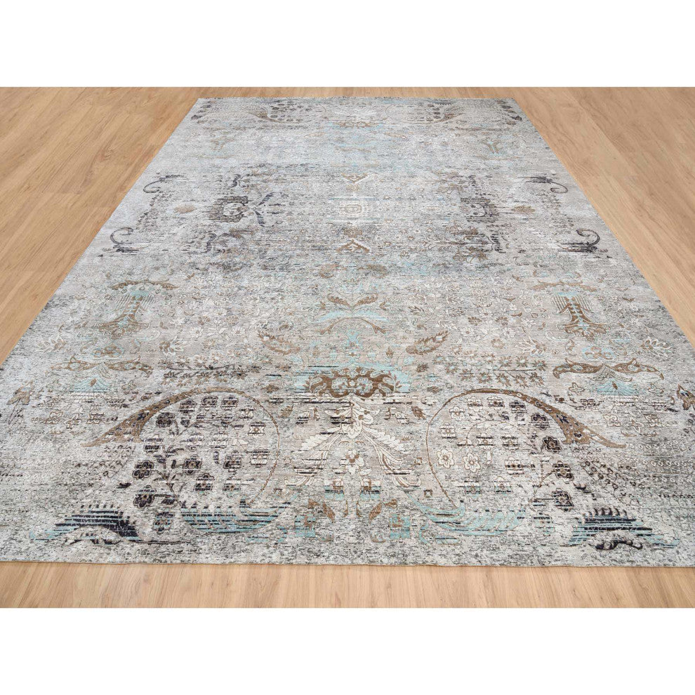 Gray Silk, Textured Wool Hand Knotted Modern Persian Oversized Rug13'9"x18'1"