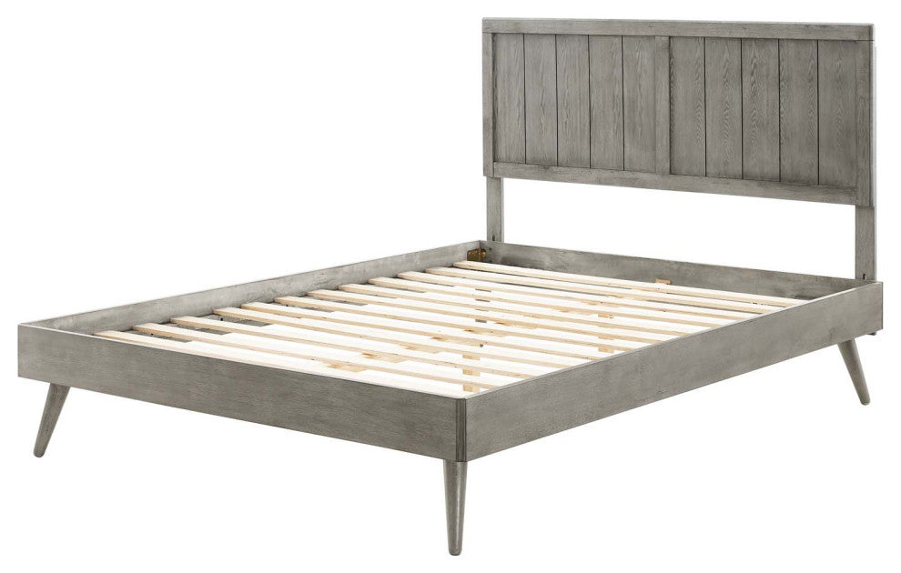 Platform Bed Frame, King Size, Wood, Gray, Modern Mid-Century, Bedroom