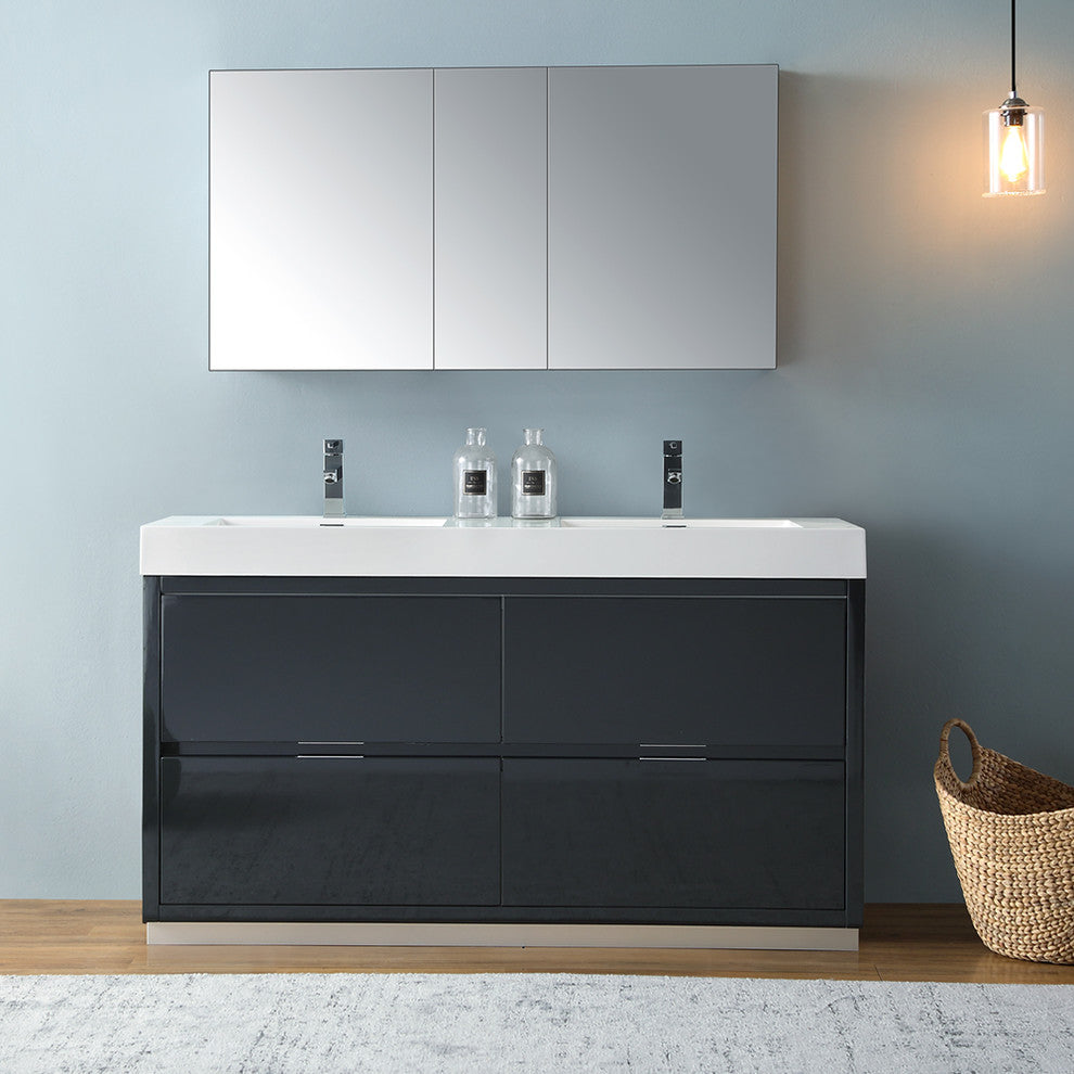 Valencia 60" Dark Slate Gray Free Standing Double Sink Vanity, Faucet FFT1030BN