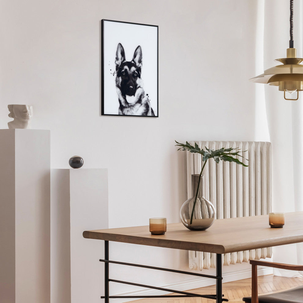 "German Shepherd" Black and White Pet Art on Printed Glass with Anodized Frame
