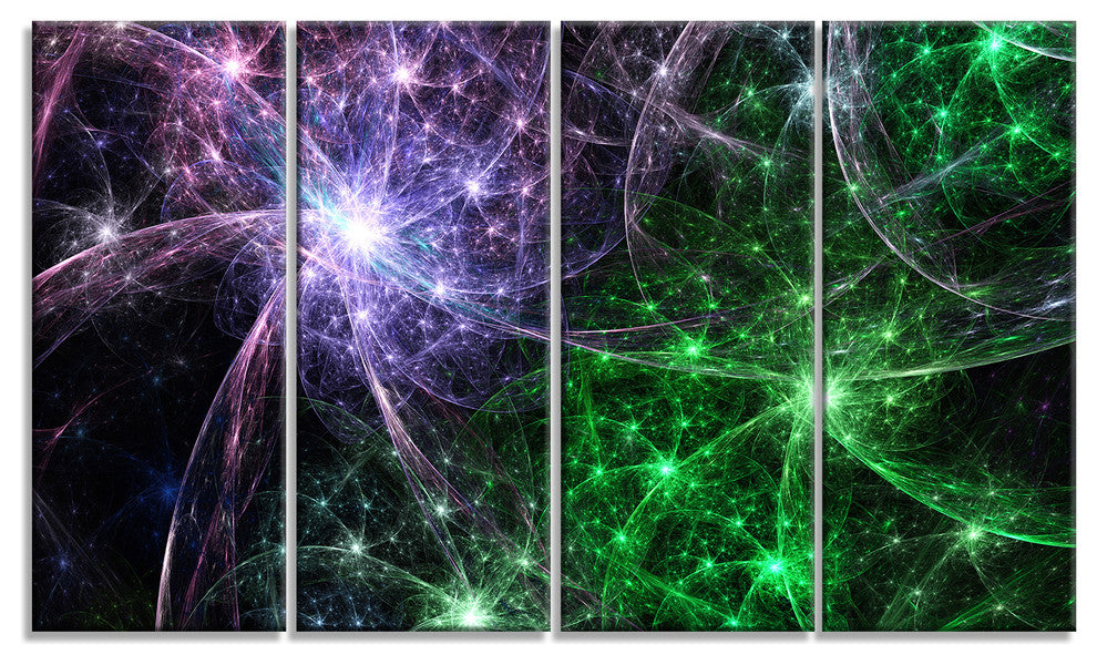 Green Purple Colorful Fireworks, Abstract Art on Canvas, 48"x28", 4 Panels
