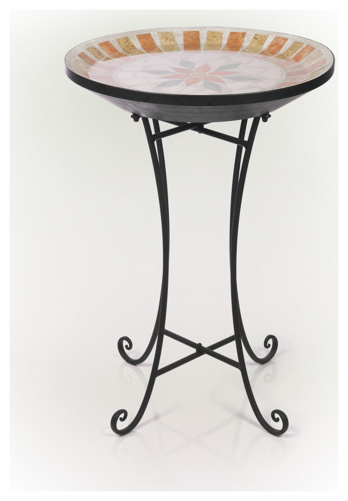 25"H Outdoor Decorative Mosaic Birdbath with Metal Stand, Tan/Beige