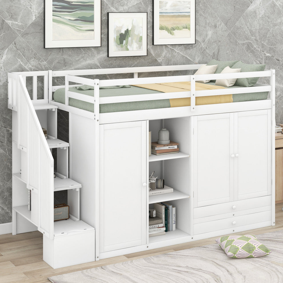 Gewnee Functional Loft Bed with 3 Shelves, 2 Wardrobes and 2 Drawers in White