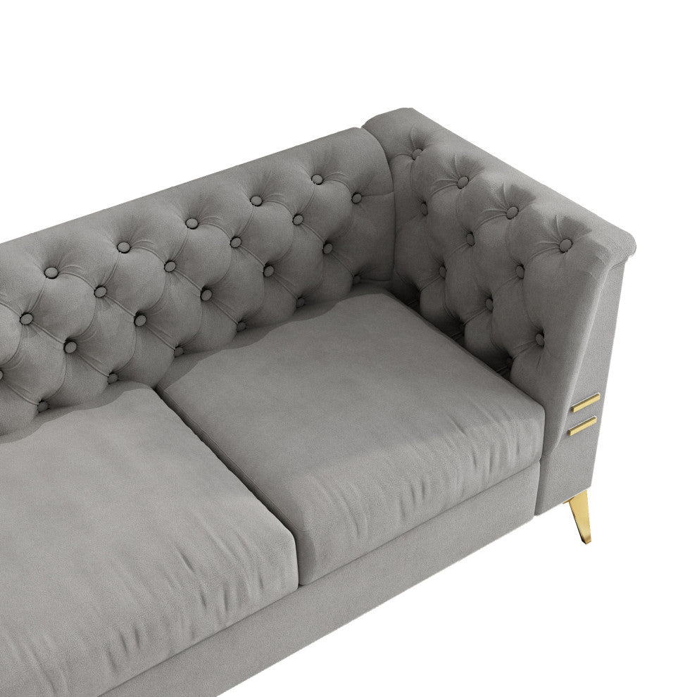 82.7'' Chesterfield Velvet Square Arm Sofa with Gold Leg, Light Gray