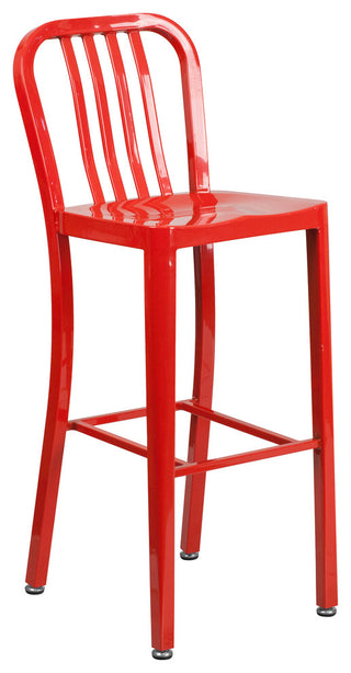 Commercial Grade 30"High Red Metal Indoor-Outdoor Barstool, Vertical Slat Back