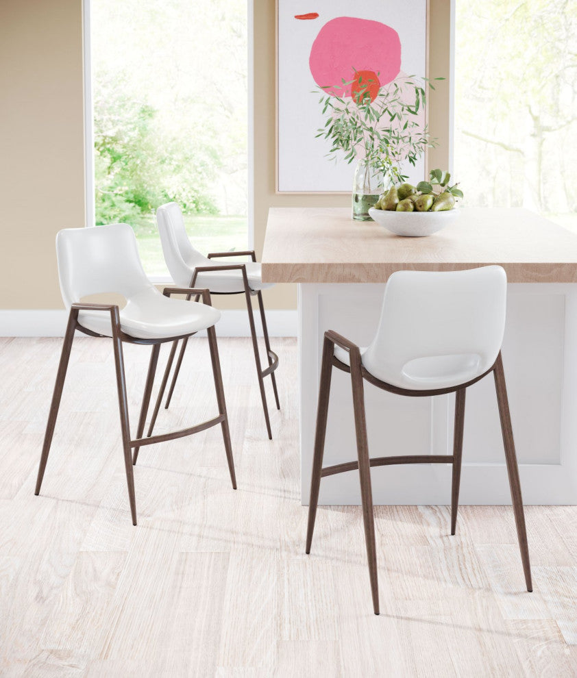 Counter Stool Chair, Set of 2, Faux Vinyl Leather, Steel, White, Walnut