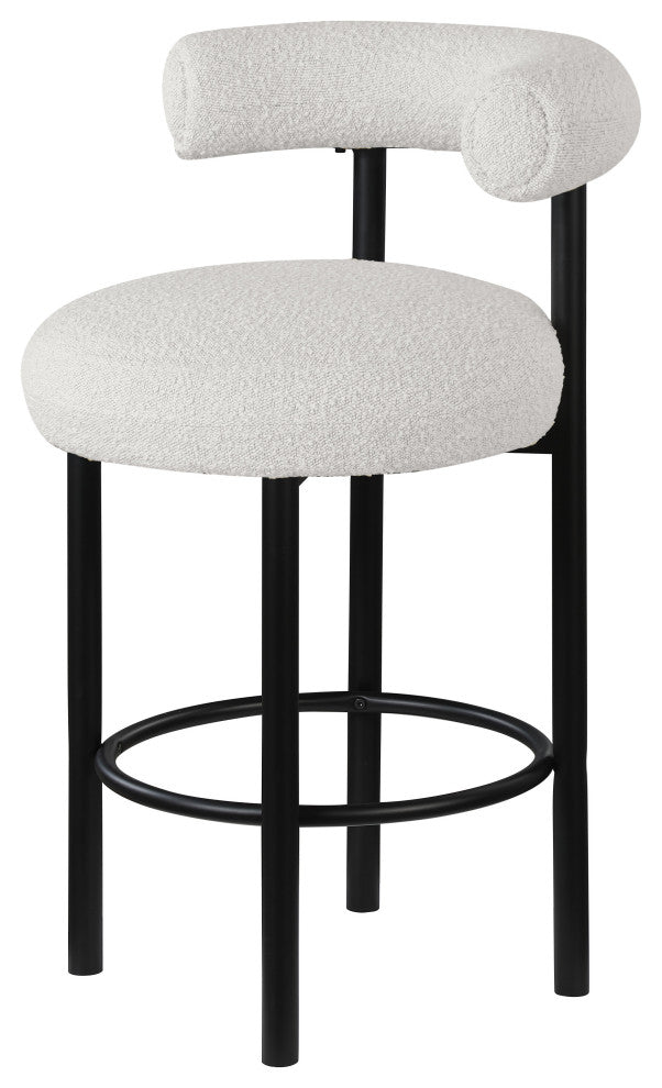 Bordeaux Upholstered Stool, Cream, Boucle Fabric, Matte Black, Set of 2
