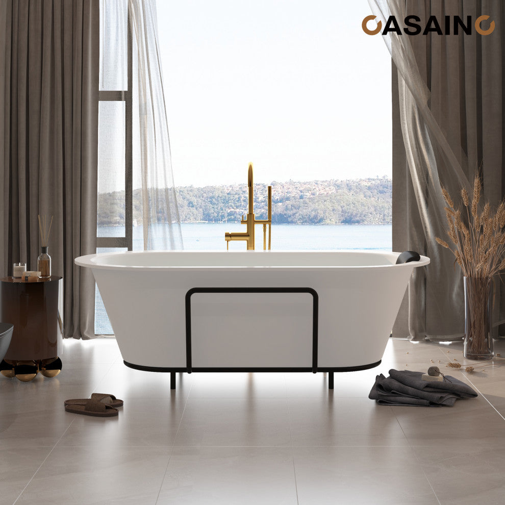 67in White Solid Surface Freestanding Soaking Bathtub with Drain, 67in