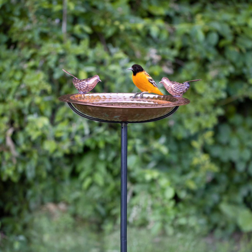 Pure Copper Bird Bath, Featuring Two Copper Birds, and Multipronged Garden Pole