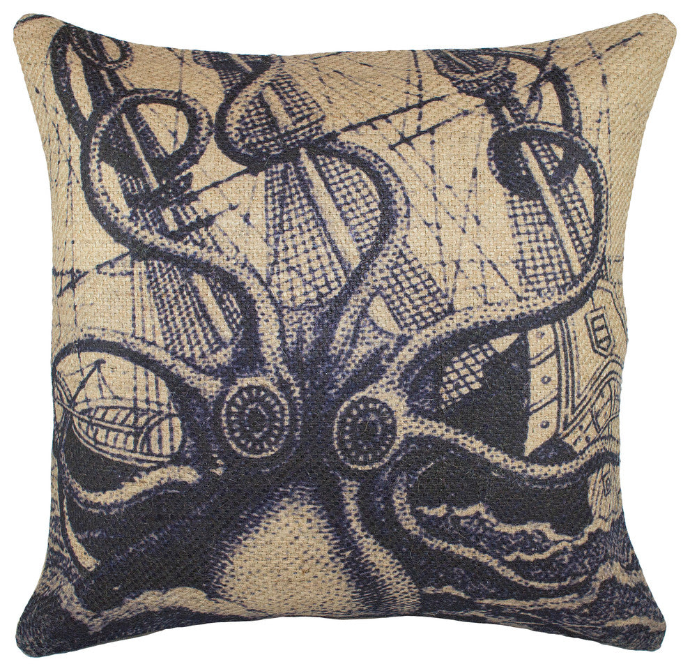 Octopus With Ship Burlap Pillow, Navy