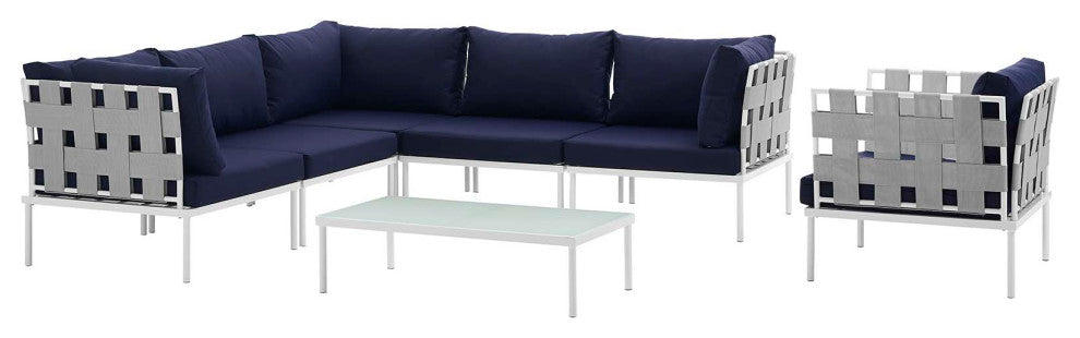 Modway Harmony 7 Piece Outdoor Patio Aluminum Sectional Sofa Set, White Navy